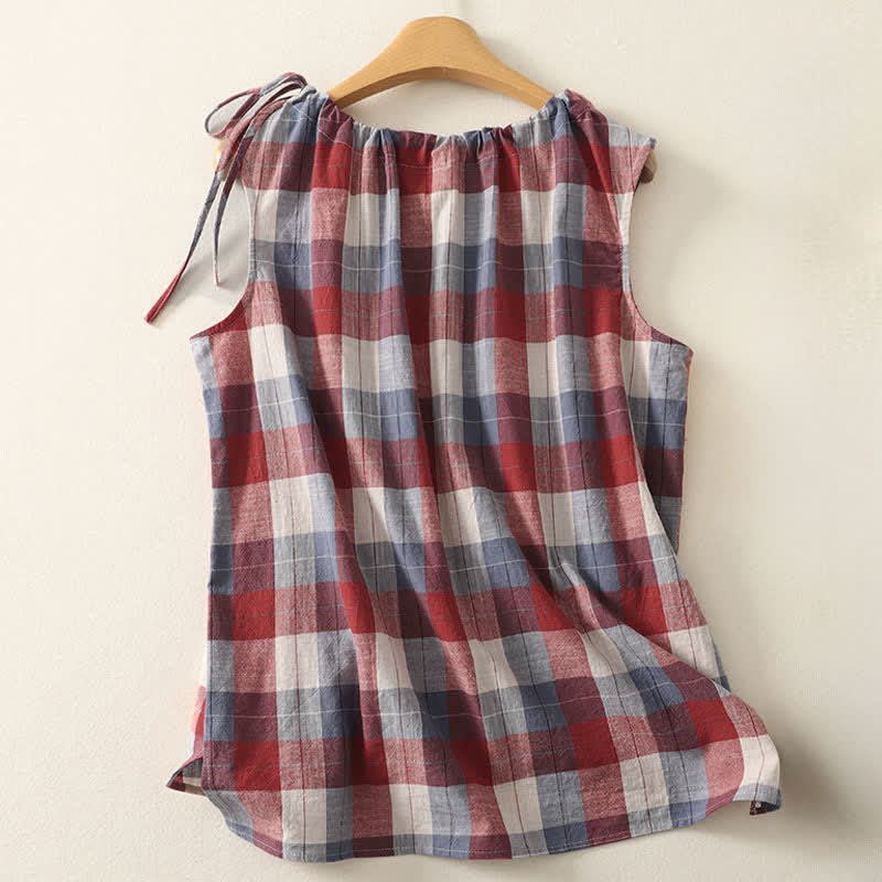 Nimara Ritual Summer Casual Crew Neck Plaid Pattern Women's Sleeveless Shirts Tank Top