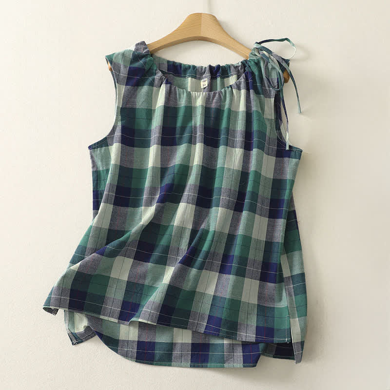 Nimara Ritual Summer Casual Crew Neck Plaid Pattern Women's Sleeveless Shirts Tank Top