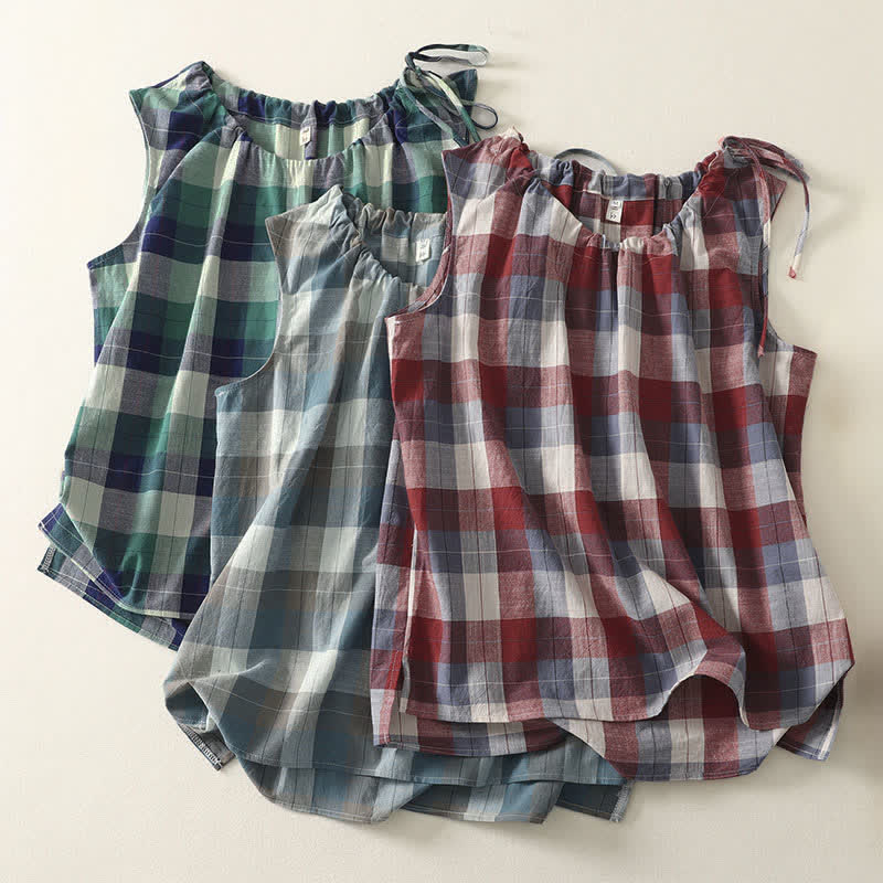 Nimara Ritual Summer Casual Crew Neck Plaid Pattern Women's Sleeveless Shirts Tank Top
