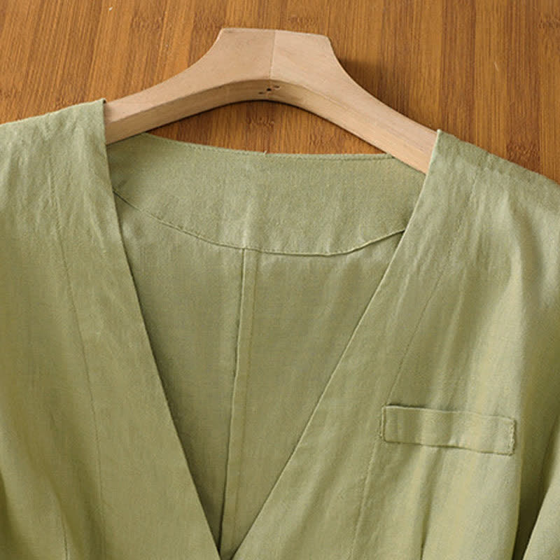 Nimara Ritual Summer Casual Button-Up Solid V-Neck Women's Short Sleeve Shirts With Pockets