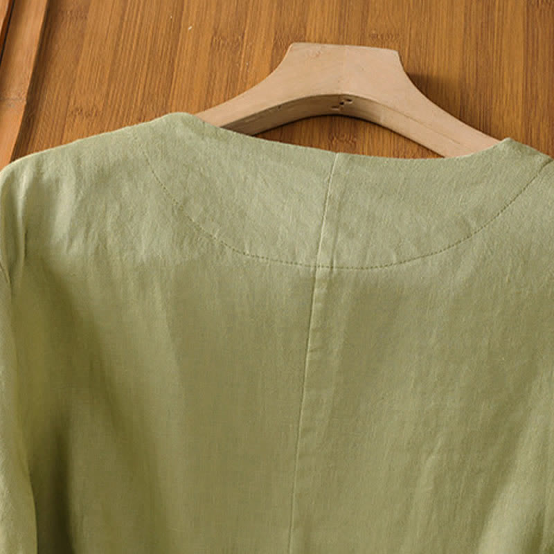 Nimara Ritual Summer Casual Button-Up Solid V-Neck Women's Short Sleeve Shirts With Pockets