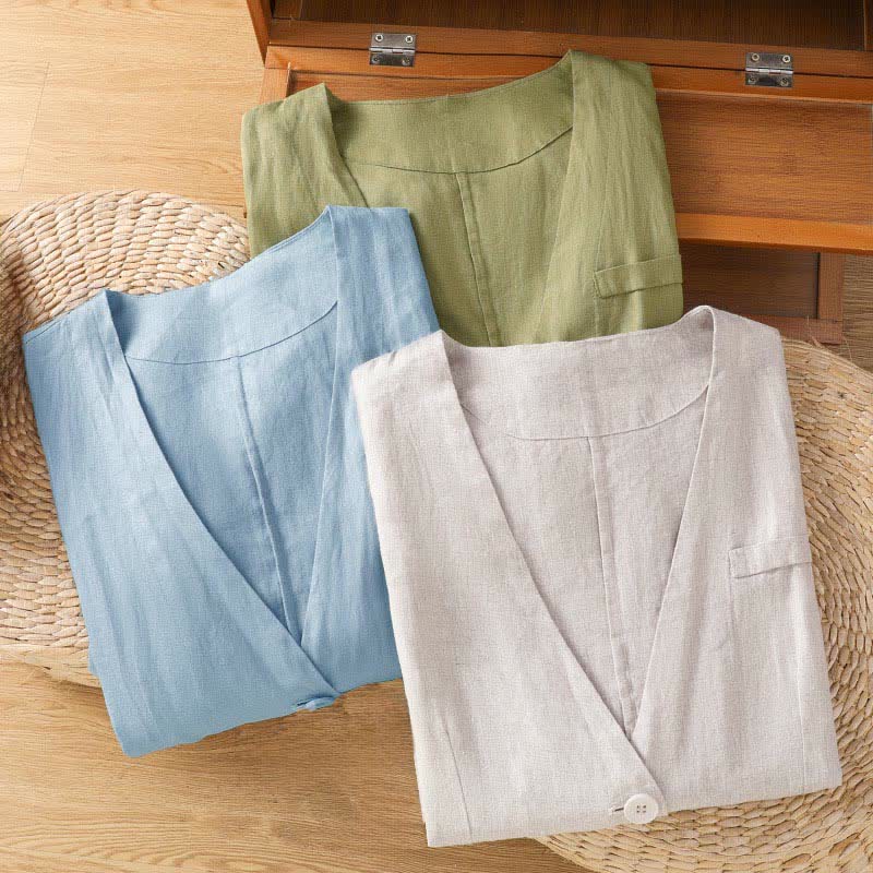 Nimara Ritual Summer Casual Button-Up Solid V-Neck Women's Short Sleeve Shirts With Pockets