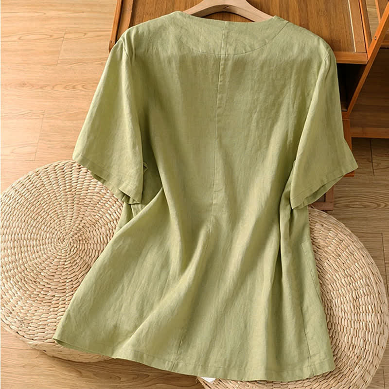 Nimara Ritual Summer Casual Button-Up Solid V-Neck Women's Short Sleeve Shirts With Pockets
