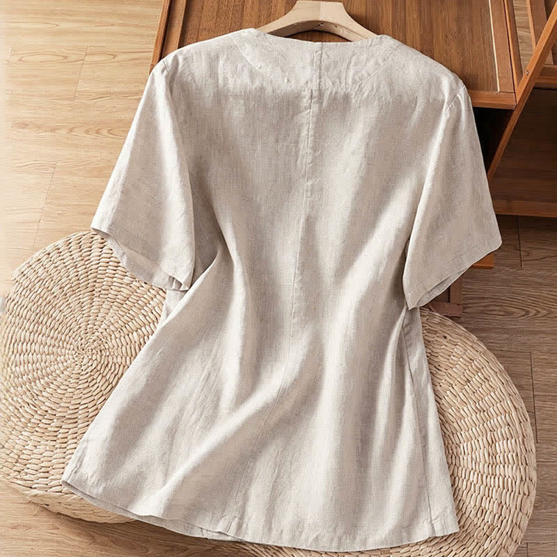 Nimara Ritual Summer Casual Button-Up Solid V-Neck Women's Short Sleeve Shirts With Pockets