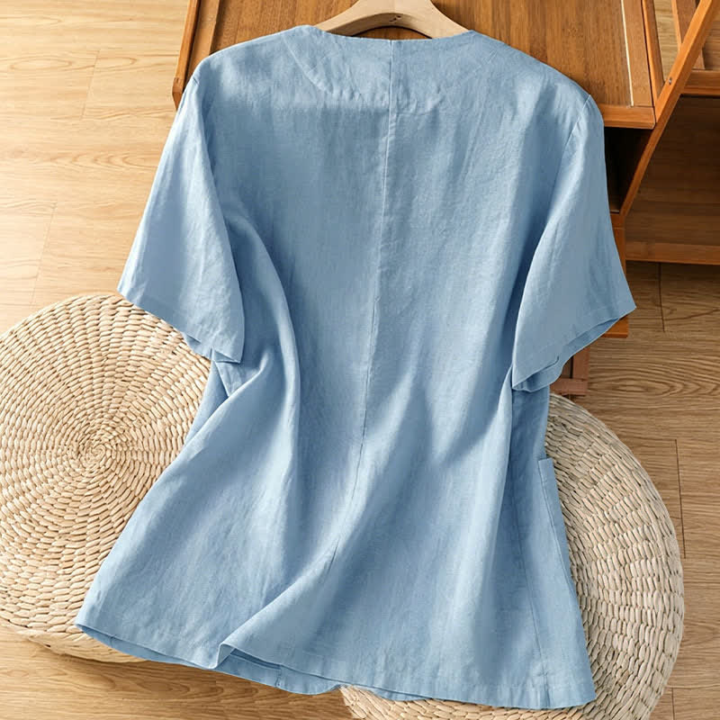 Nimara Ritual Summer Casual Button-Up Solid V-Neck Women's Short Sleeve Shirts With Pockets