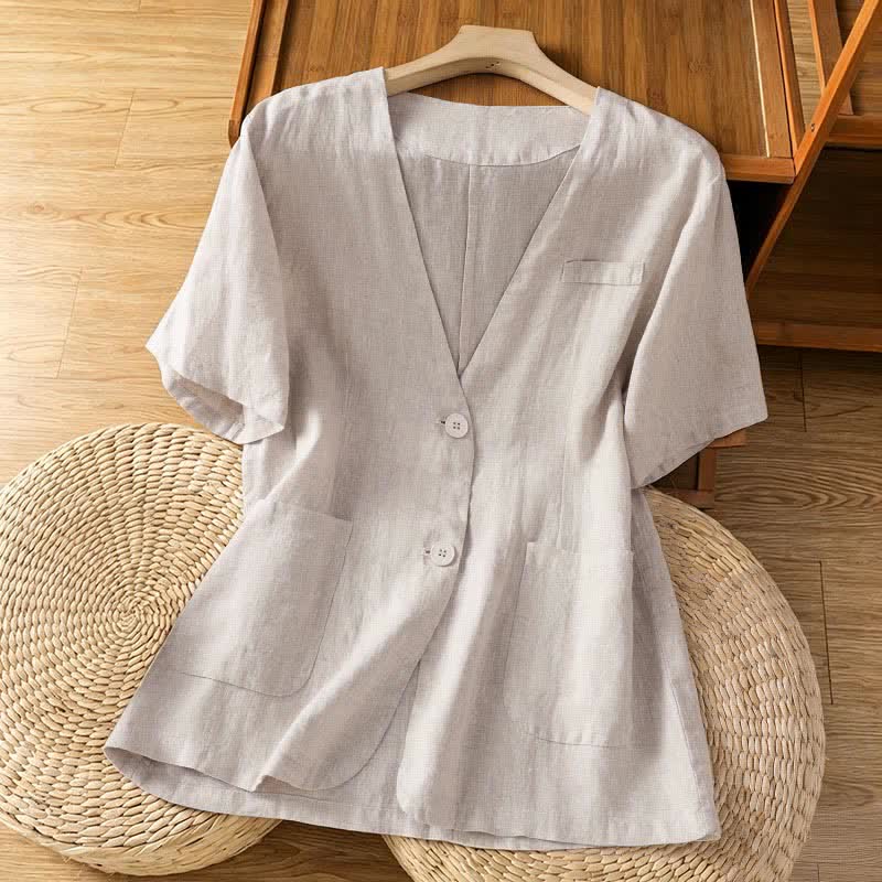 Nimara Ritual Summer Casual Button-Up Solid V-Neck Women's Short Sleeve Shirts With Pockets