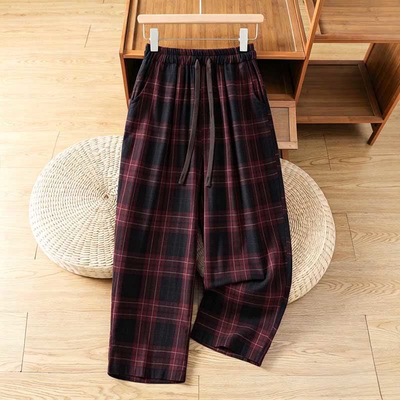 Nimara Ritual Spring Casual Drawstring Plaid Pattern Elastic Waist Cropped Women's Harem Pants With Pockets