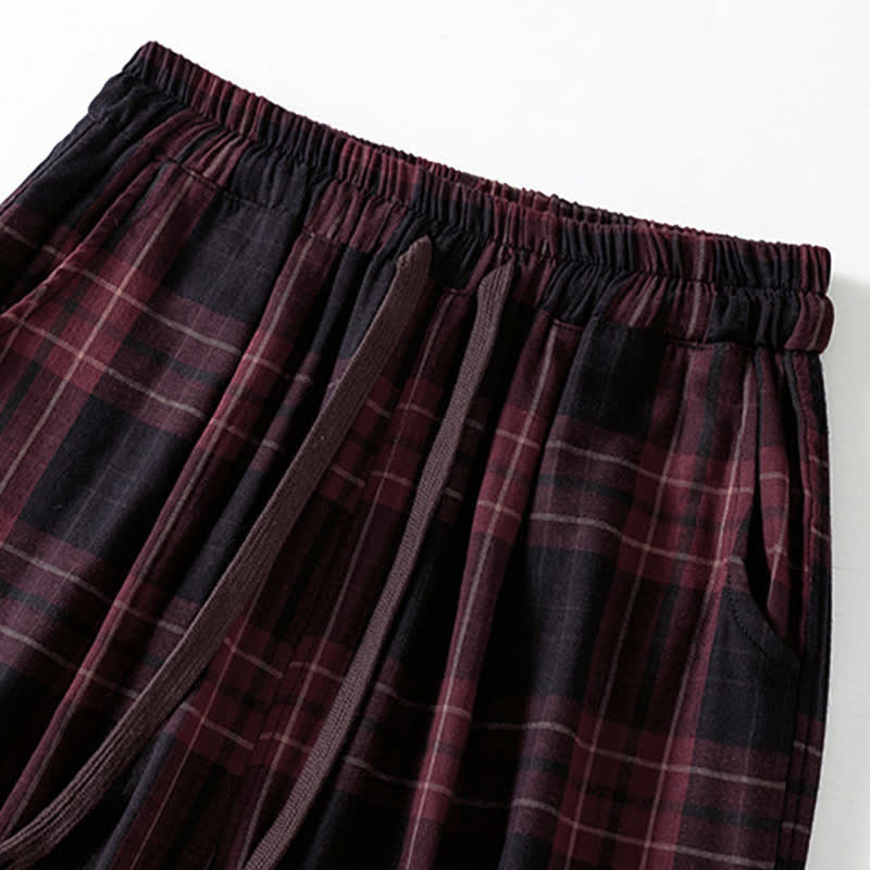 Nimara Ritual Spring Casual Drawstring Plaid Pattern Elastic Waist Cropped Women's Harem Pants With Pockets