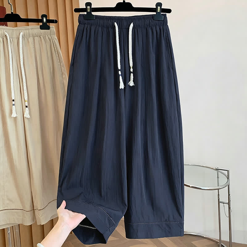 Nimara Ritual Spring Summer Casual Drawstring Solid Cropped Women's Wide Leg Pants With Pockets