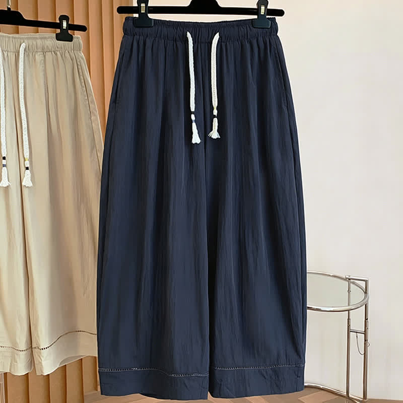 Nimara Ritual Spring Summer Casual Drawstring Solid Cropped Women's Wide Leg Pants With Pockets