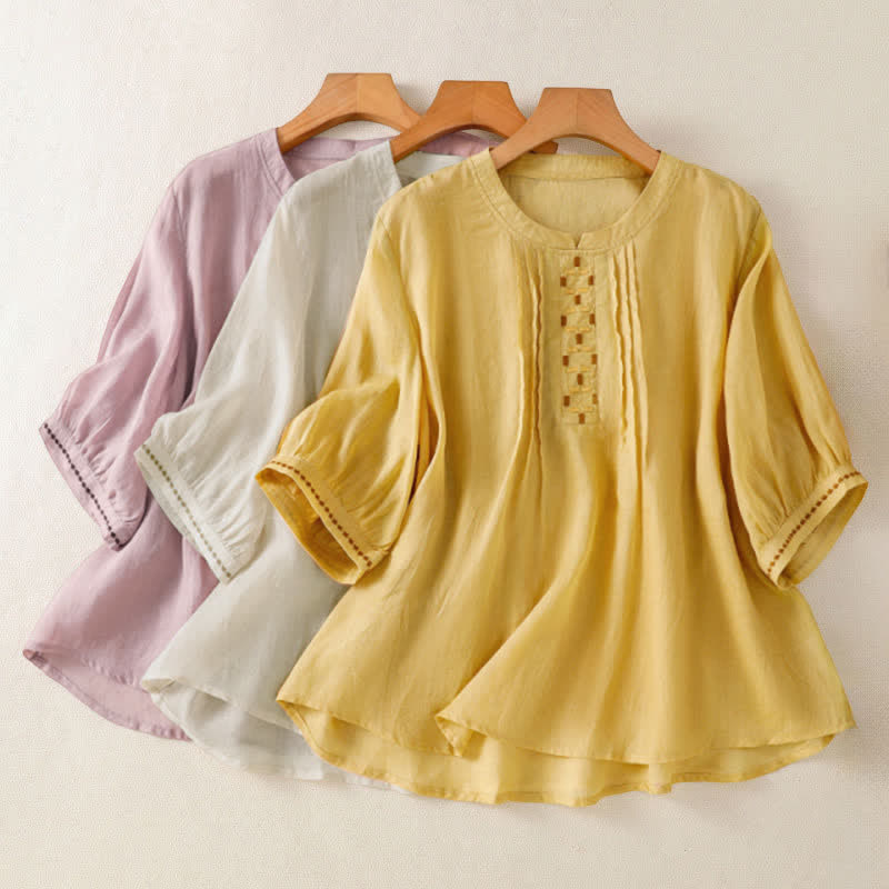 Nimara Ritual Summer Casual Solid Embroidery Pleated Front Women's Short Sleeve T-Shirts