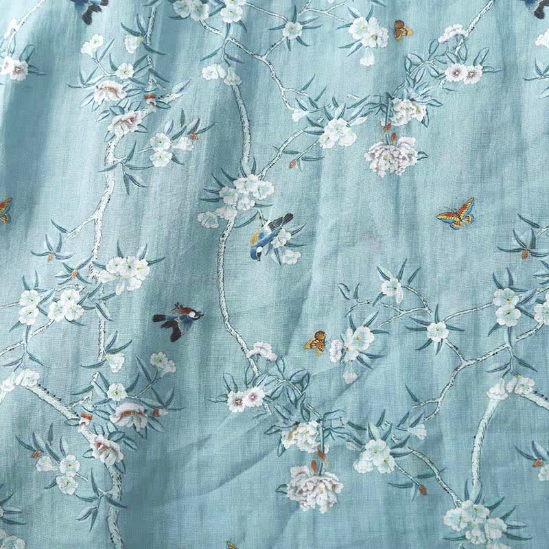 Nimara Ritual Summer Casual Vintage Drawstring Blue Floral Women's Short Sleeve Dress