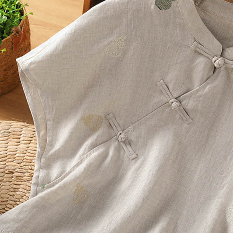 Nimara Ritual Summer Tang Style Mandarin Collar Frog Button Gourd Embroidery Women's Short Sleeve Shirts