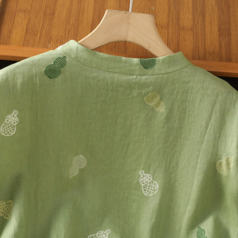 Nimara Ritual Summer Tang Style Mandarin Collar Frog Button Gourd Embroidery Women's Short Sleeve Shirts