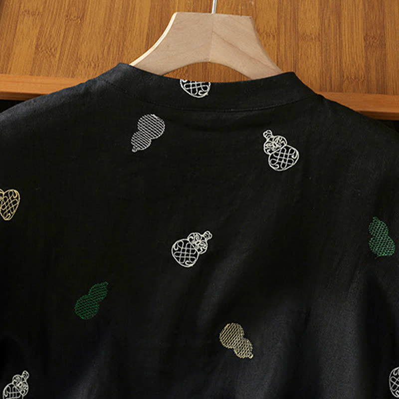 Nimara Ritual Summer Tang Style Mandarin Collar Frog Button Gourd Embroidery Women's Short Sleeve Shirts