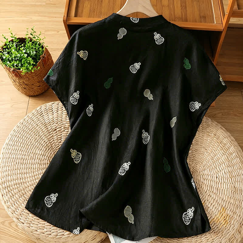 Nimara Ritual Summer Tang Style Mandarin Collar Frog Button Gourd Embroidery Women's Short Sleeve Shirts