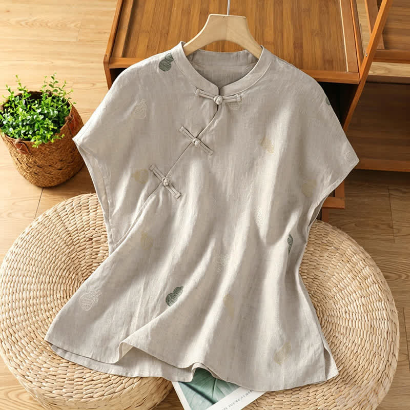 Nimara Ritual Summer Tang Style Mandarin Collar Frog Button Gourd Embroidery Women's Short Sleeve Shirts