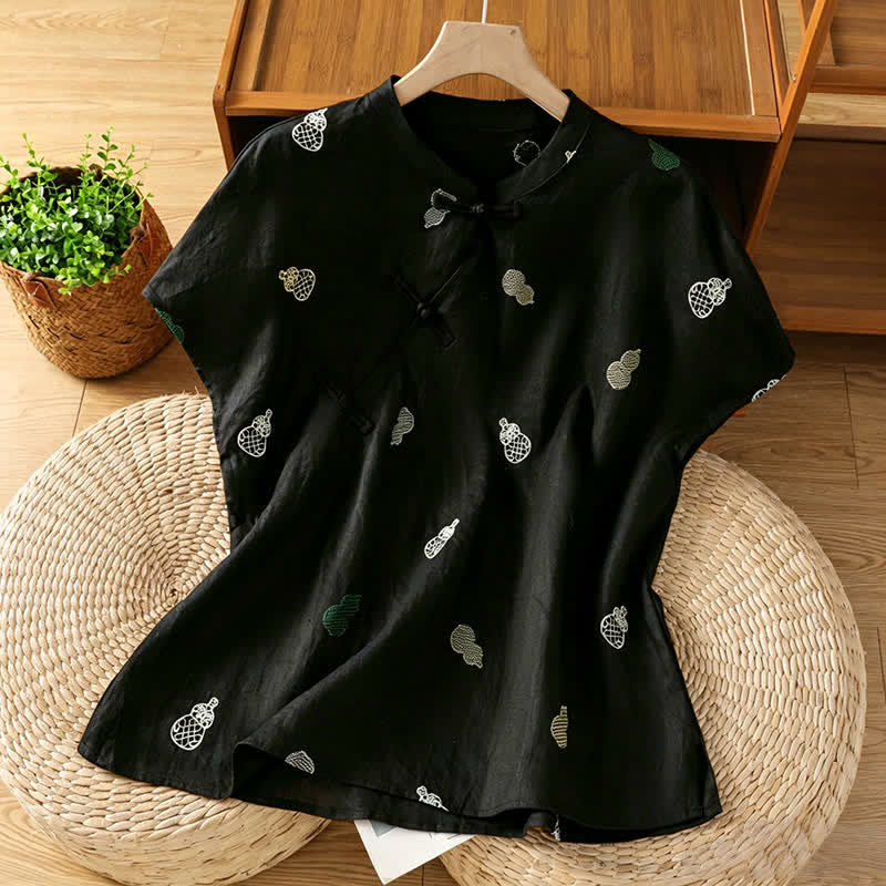 Nimara Ritual Summer Tang Style Mandarin Collar Frog Button Gourd Embroidery Women's Short Sleeve Shirts