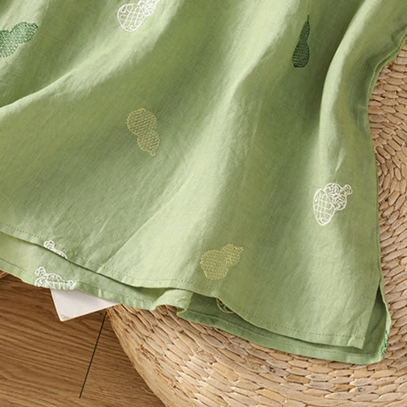 Nimara Ritual Summer Tang Style Mandarin Collar Frog Button Gourd Embroidery Women's Short Sleeve Shirts