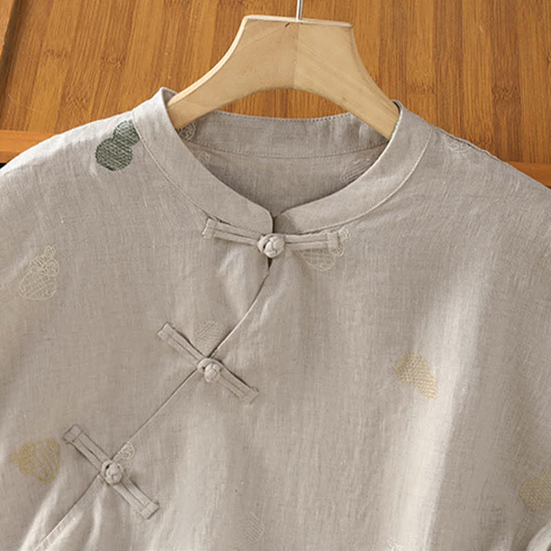 Nimara Ritual Summer Tang Style Mandarin Collar Frog Button Gourd Embroidery Women's Short Sleeve Shirts