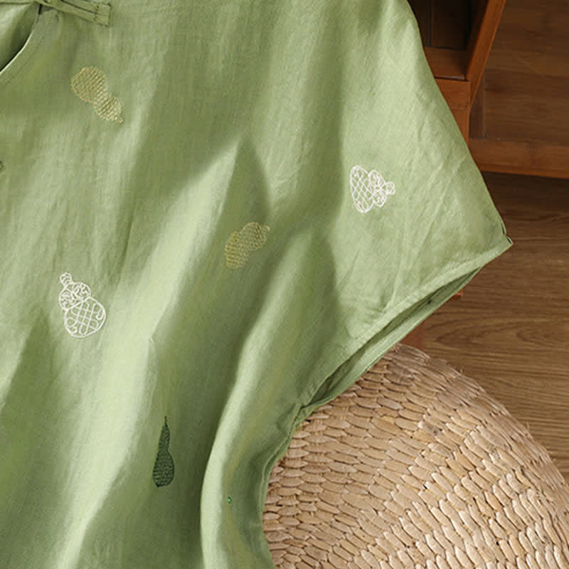 Nimara Ritual Summer Tang Style Mandarin Collar Frog Button Gourd Embroidery Women's Short Sleeve Shirts