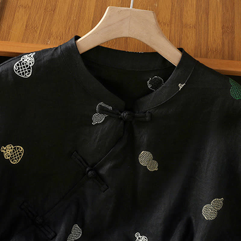 Nimara Ritual Summer Tang Style Mandarin Collar Frog Button Gourd Embroidery Women's Short Sleeve Shirts