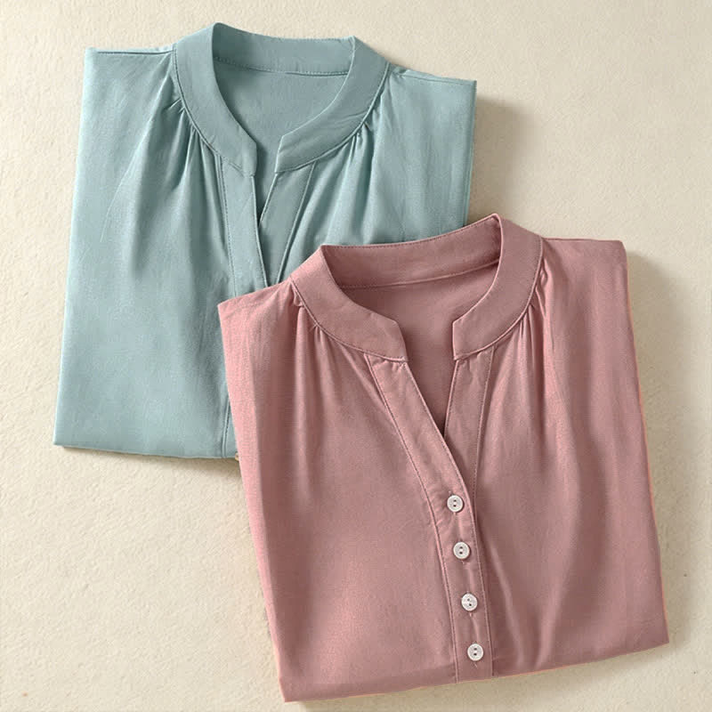 Nimara Ritual Summer Casual Mandarin Collar Half Button Solid Puff Sleeve Women's Short Sleeve Shirts