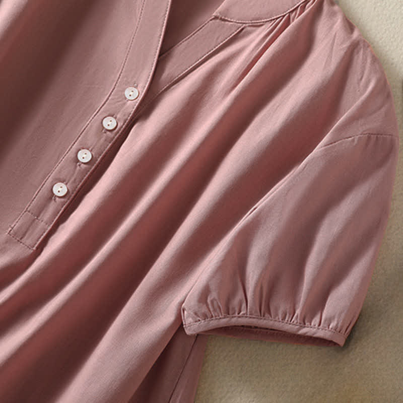 Nimara Ritual Summer Casual Mandarin Collar Half Button Solid Puff Sleeve Women's Short Sleeve Shirts