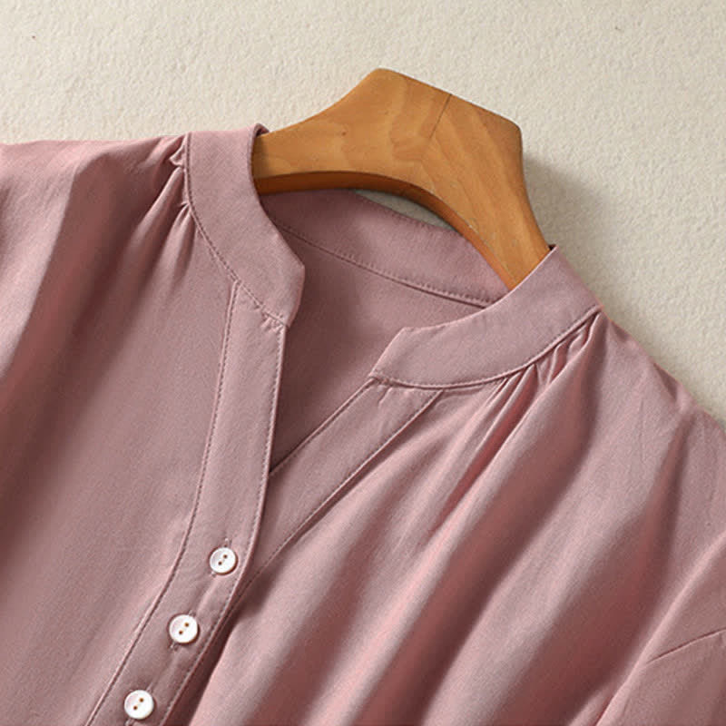 Nimara Ritual Summer Casual Mandarin Collar Half Button Solid Puff Sleeve Women's Short Sleeve Shirts