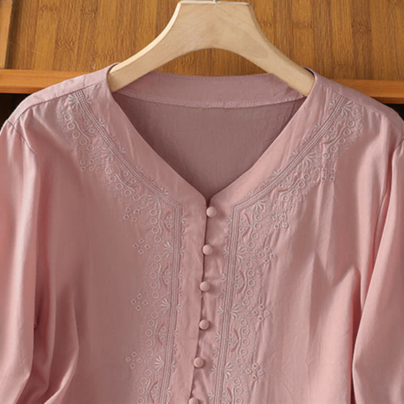 Nimara Ritual Summer Vintage Geometric Embroidery Button-Up Solid Women's Short Sleeve Shirts