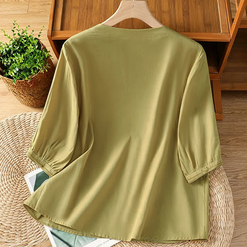 Nimara Ritual Summer Vintage Geometric Embroidery Button-Up Solid Women's Short Sleeve Shirts