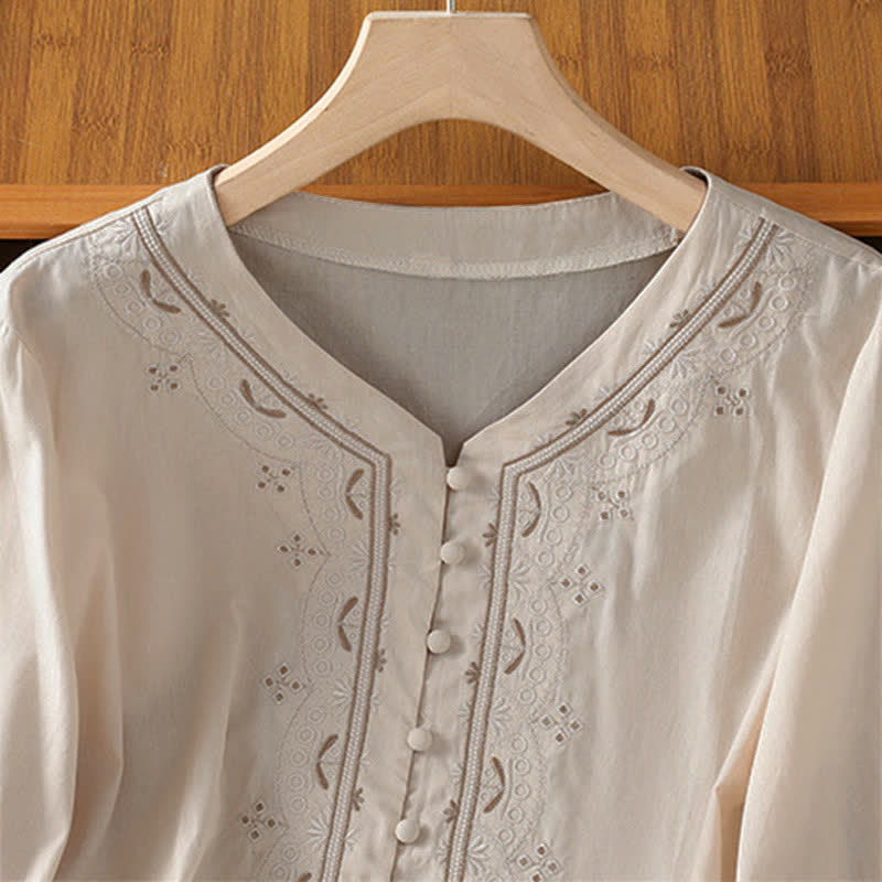 Nimara Ritual Summer Vintage Geometric Embroidery Button-Up Solid Women's Short Sleeve Shirts