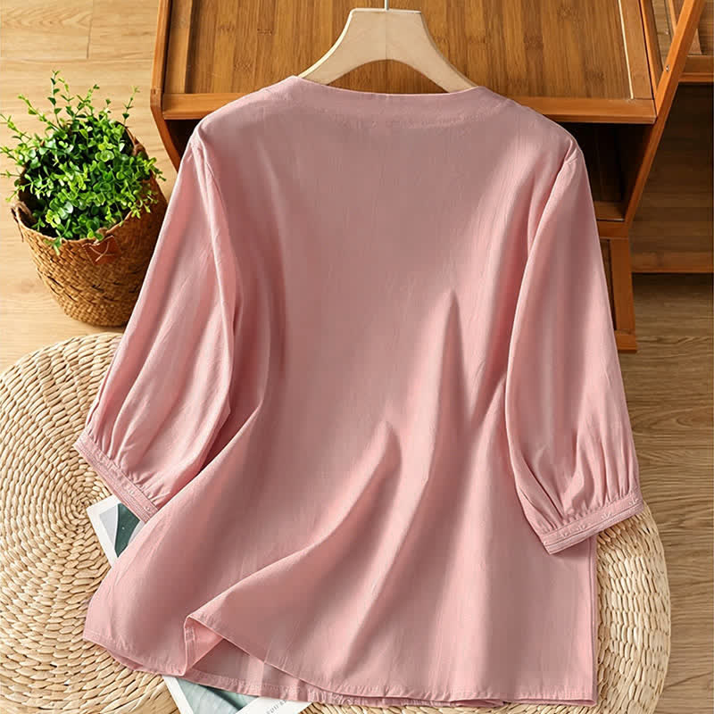 Nimara Ritual Summer Vintage Geometric Embroidery Button-Up Solid Women's Short Sleeve Shirts