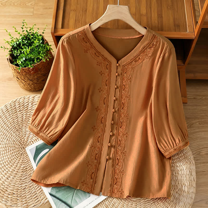 Nimara Ritual Summer Vintage Geometric Embroidery Button-Up Solid Women's Short Sleeve Shirts