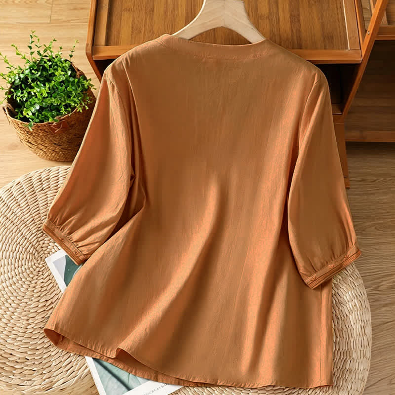 Nimara Ritual Summer Vintage Geometric Embroidery Button-Up Solid Women's Short Sleeve Shirts