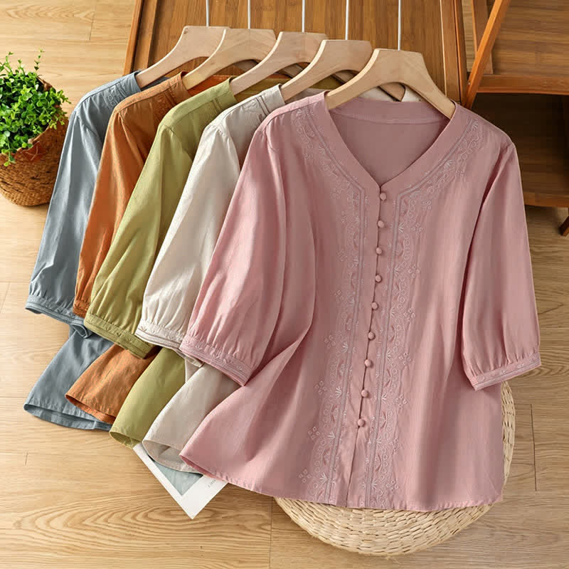 Nimara Ritual Summer Vintage Geometric Embroidery Button-Up Solid Women's Short Sleeve Shirts