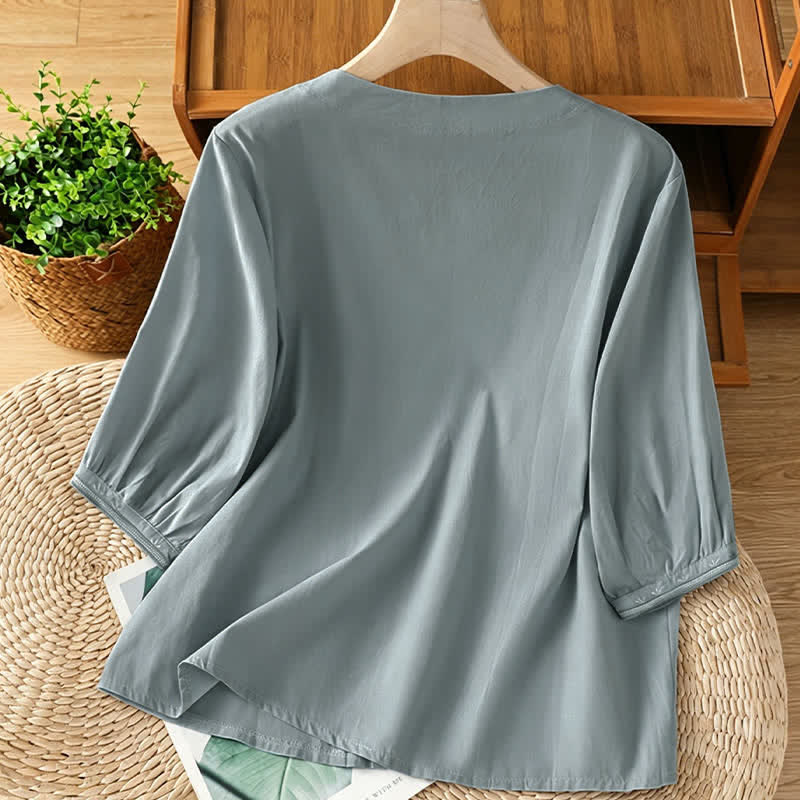 Nimara Ritual Summer Vintage Geometric Embroidery Button-Up Solid Women's Short Sleeve Shirts