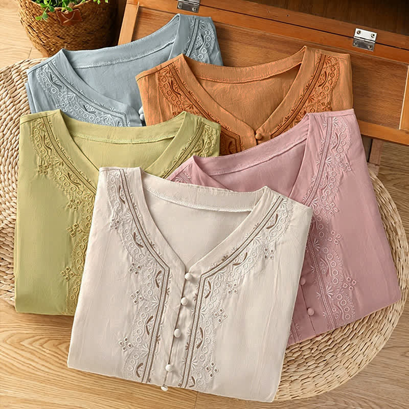 Nimara Ritual Summer Vintage Geometric Embroidery Button-Up Solid Women's Short Sleeve Shirts