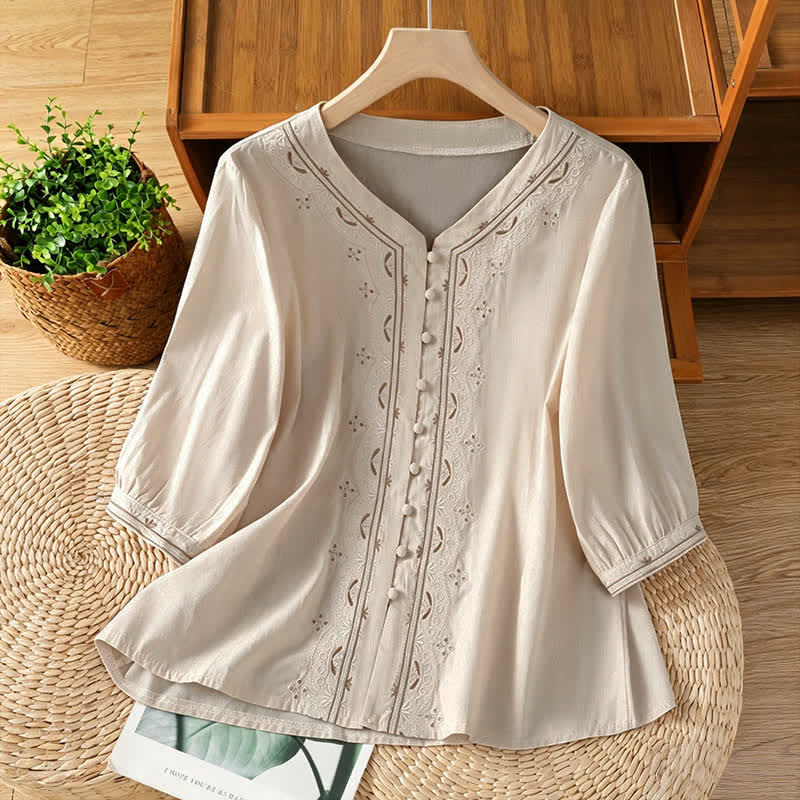 Nimara Ritual Summer Vintage Geometric Embroidery Button-Up Solid Women's Short Sleeve Shirts
