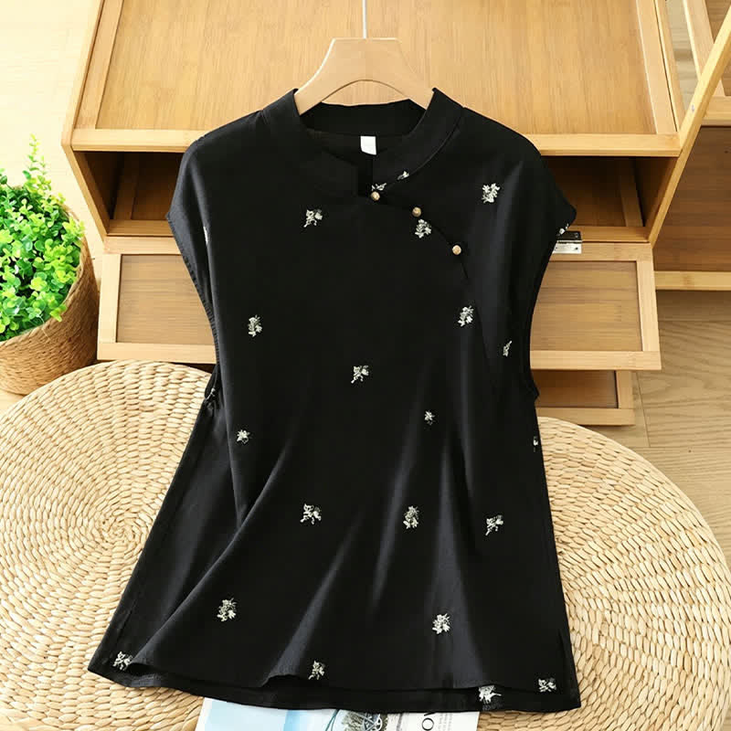 Nimara Ritual Summer Vintage Tang Style Mandarin Collar Embroidery Small Floral Tank Top Women's Sleeveless Shirts