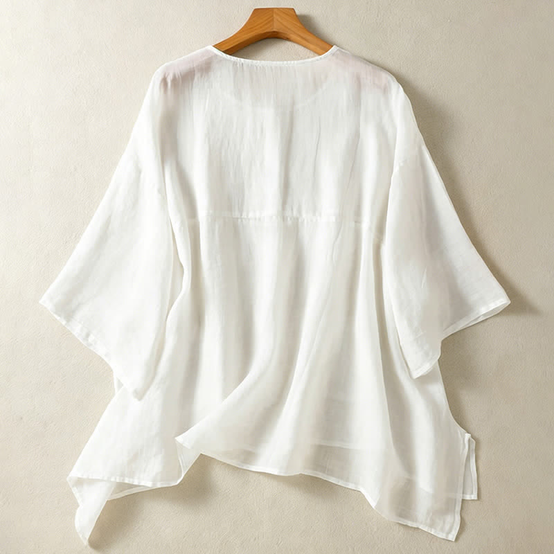 Nimara Ritual Summer Casual Boho Patch Pocket Half Button Solid Bell Sleeve Women's Short Sleeve Shirts