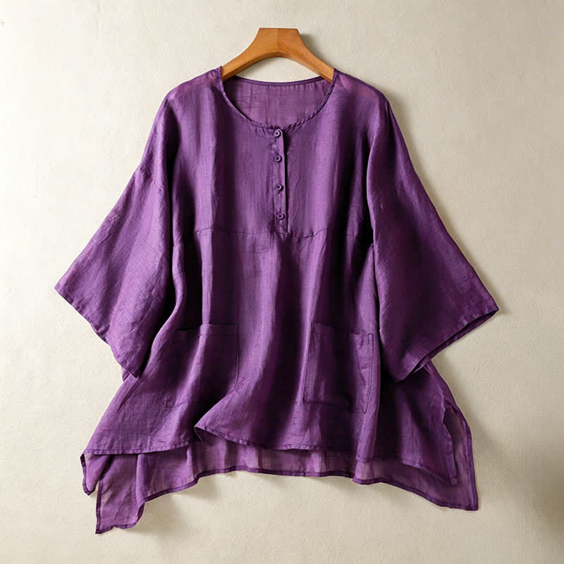 Nimara Ritual Summer Casual Boho Patch Pocket Half Button Solid Bell Sleeve Women's Short Sleeve Shirts