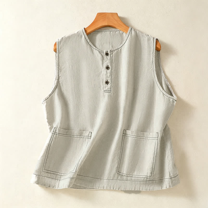 Nimara Ritual Summer Casual Minimalist Button-Up Solid Women's Sleeveless Shirts Tank Top With Patch Pocket