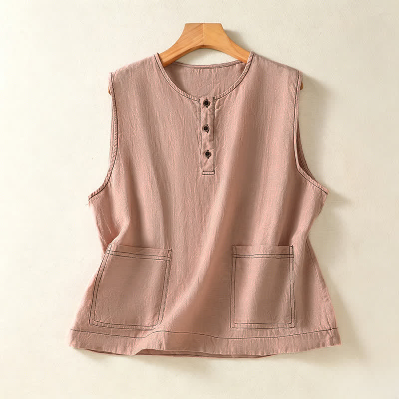 Nimara Ritual Summer Casual Minimalist Button-Up Solid Women's Sleeveless Shirts Tank Top With Patch Pocket