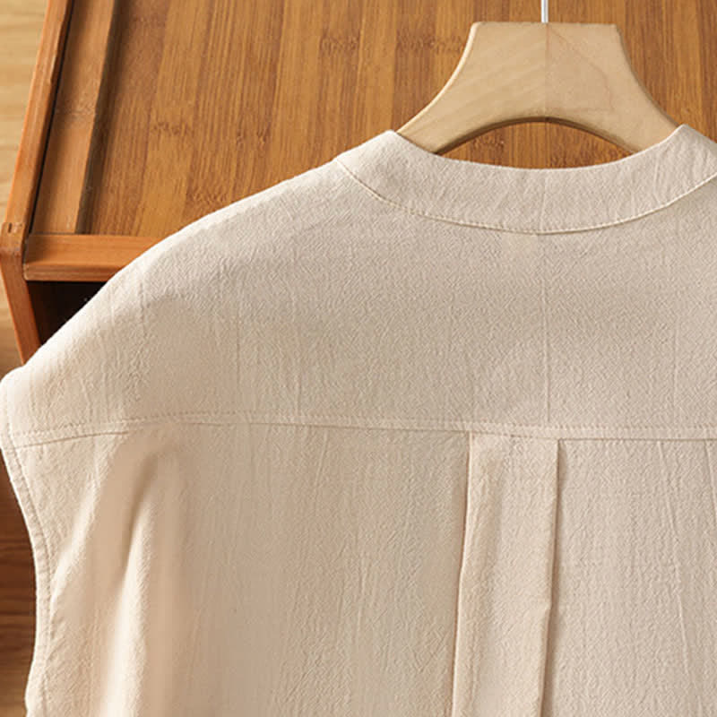 Nimara Ritual Summer Tang Style Casual Mandarin Collar Button-Up Solid Patch Pocket Women's Sleeveless Shirts Tank Top