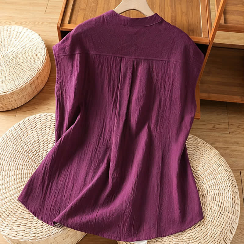 Nimara Ritual Summer Tang Style Casual Mandarin Collar Button-Up Solid Patch Pocket Women's Sleeveless Shirts Tank Top