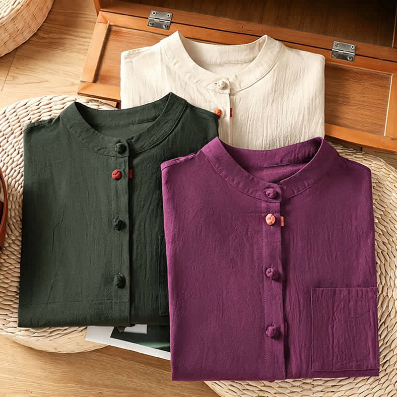 Nimara Ritual Summer Tang Style Casual Mandarin Collar Button-Up Solid Patch Pocket Women's Sleeveless Shirts Tank Top