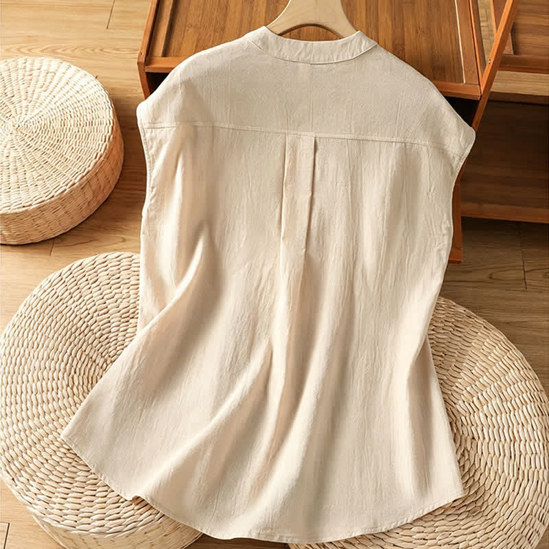 Nimara Ritual Summer Tang Style Casual Mandarin Collar Button-Up Solid Patch Pocket Women's Sleeveless Shirts Tank Top