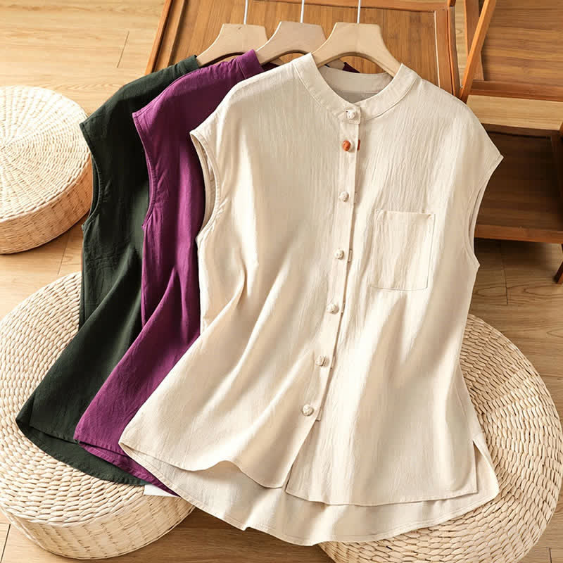 Nimara Ritual Summer Tang Style Casual Mandarin Collar Button-Up Solid Patch Pocket Women's Sleeveless Shirts Tank Top