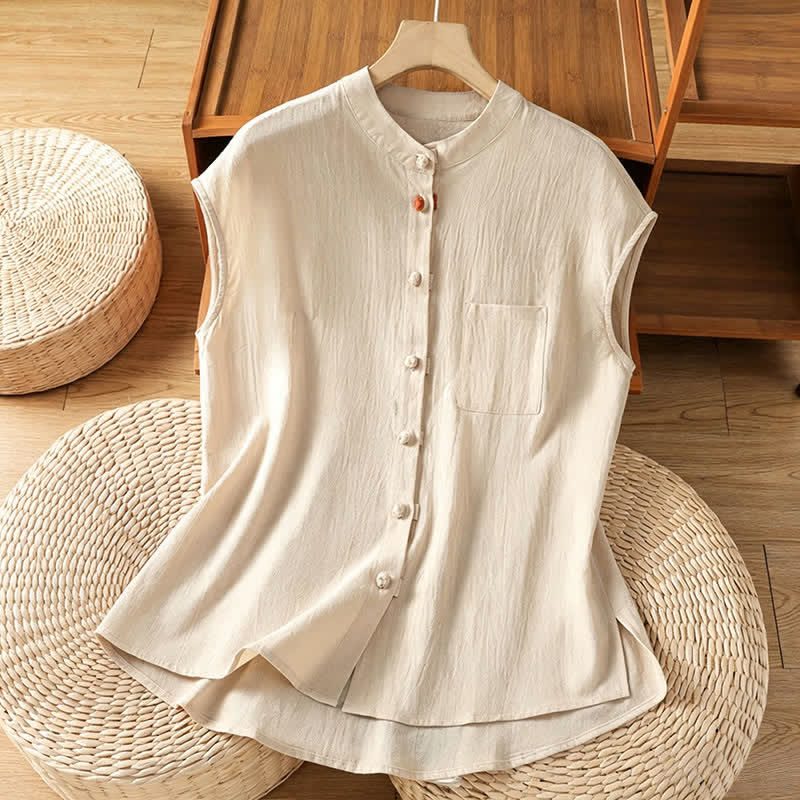 Nimara Ritual Summer Tang Style Casual Mandarin Collar Button-Up Solid Patch Pocket Women's Sleeveless Shirts Tank Top